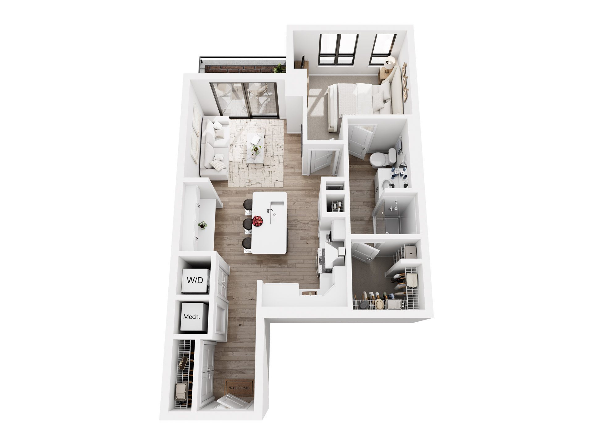 A white interior of a house with a kitchen, living room, and bathroom.